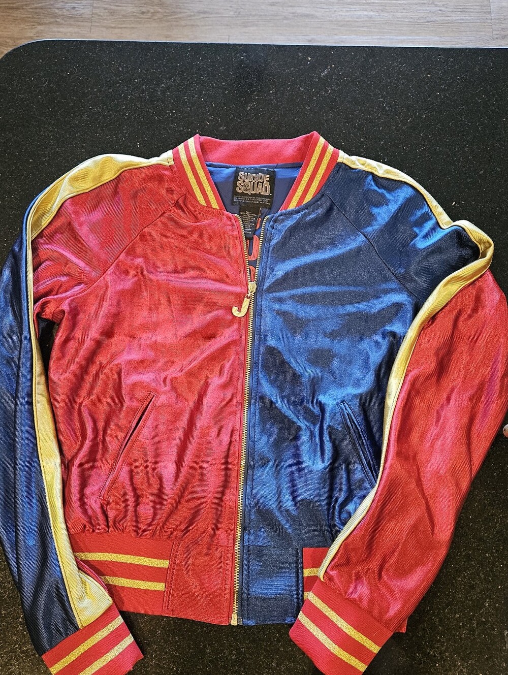 Harley Quinn Red & Blue Satin Bomber Jacket. Suicide Squad. size small